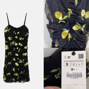 NWT Zara Black Ruched Lemon Embroidery Dress S